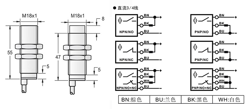 M18-55mm圆柱标准型接近开关出线式